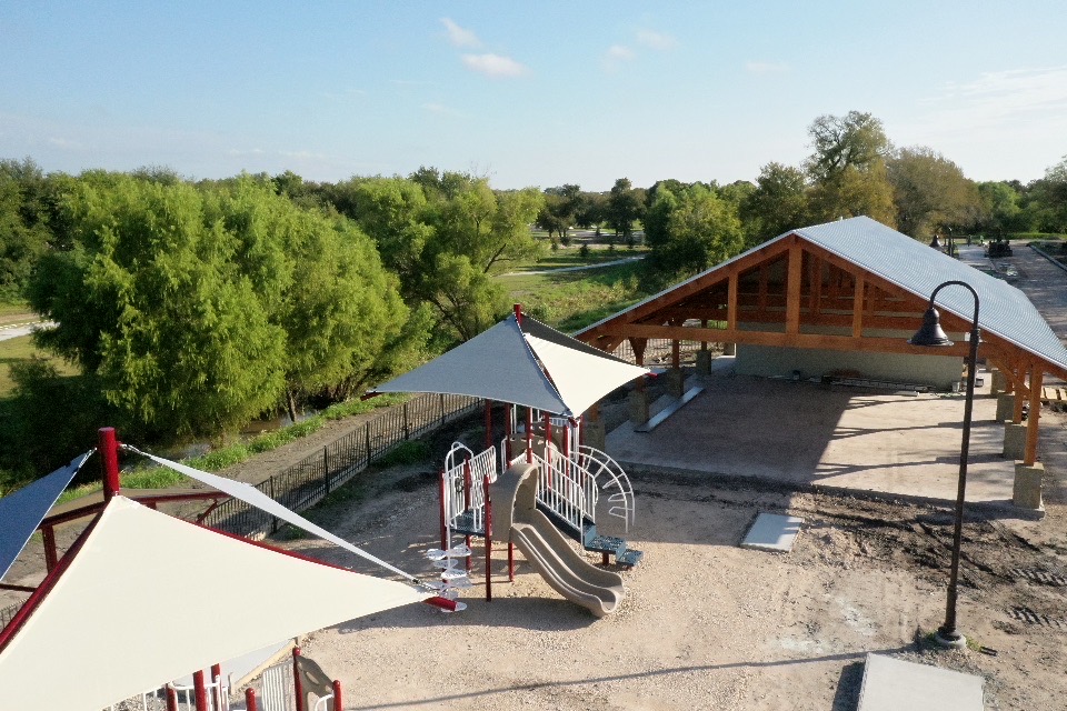Escondido Creek Parkway overview of pavilion and playground.