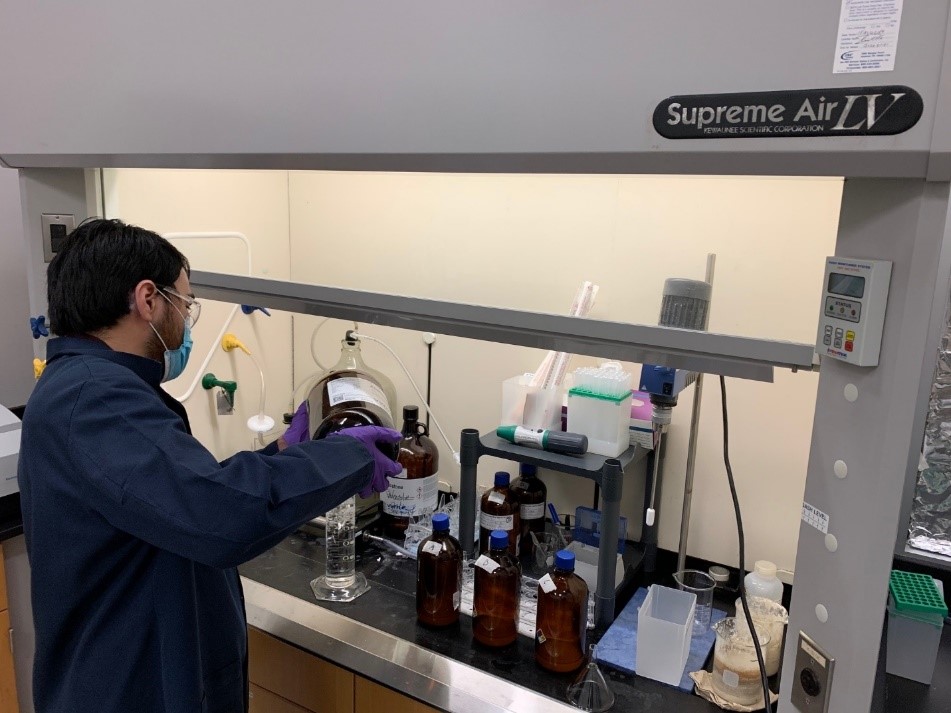 Benjamin Guerra (PT Water Quality Scientist) preparing solutions for chlorophyll/pheophytin analysis in support of the Clean Rivers Program.