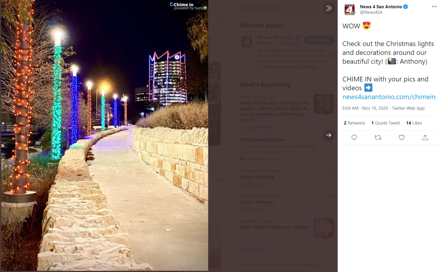 San Pedro Creek Culture Park holiday lights photo contribution by Anthony