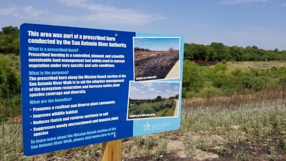 Educational sign placed after a prescribed burn on the Mission Reach