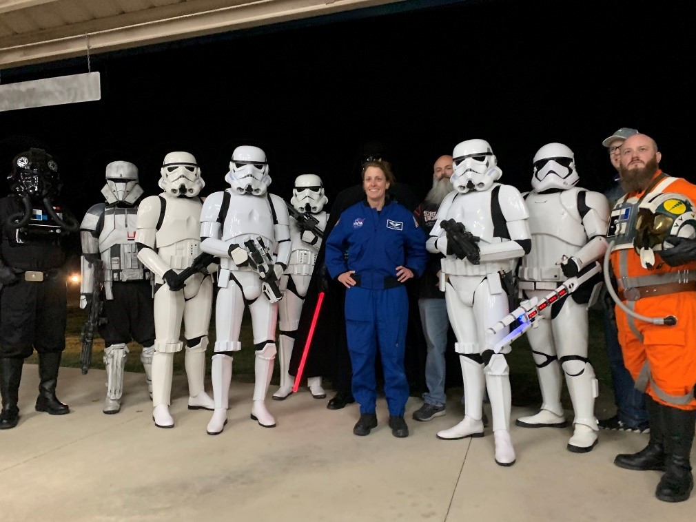 NASA Astronaut Loral O'Hara with members of the Star Garrison of the 501st Legion at the 5th Annual Planets in the Park in 2020.