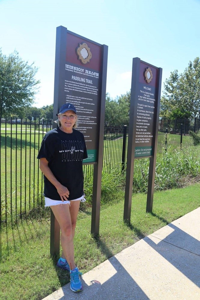 River Authority Board Member Deb B. Prost on the Mission Reach of the San Antonio River Walk.