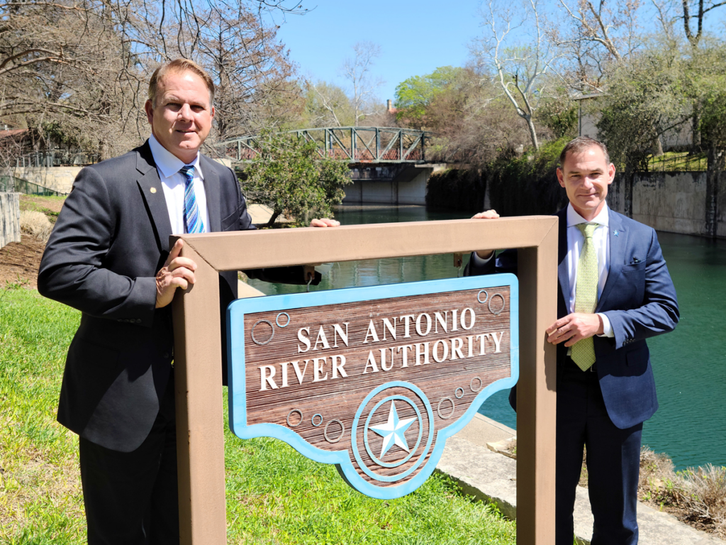 San Antonio River Authority Board Chairman Darrell Brownlow (left) with incoming General Manager Derek Boese at the River Authority headquarters in the King William District.