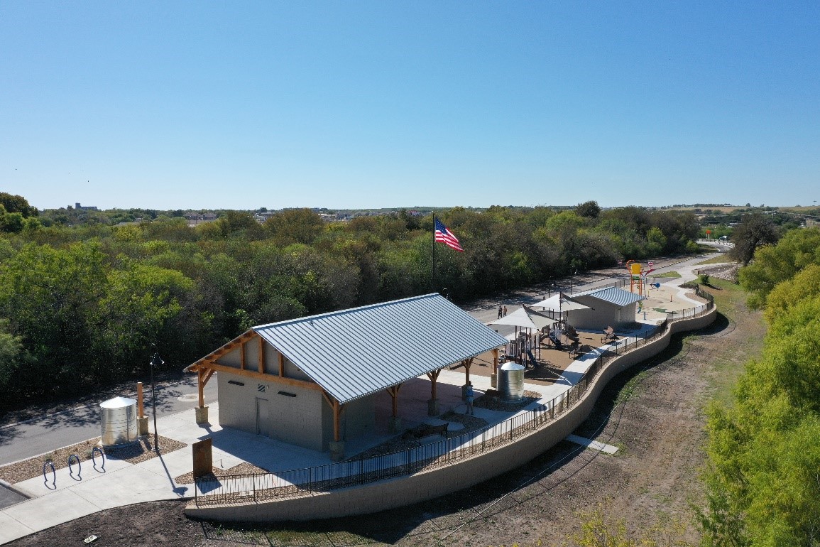 Pavilion next to the playground and splashpad at Escondido Creek Parkway