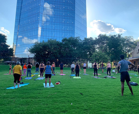 Participants of the Yoga on the Creek series at Legacy Park