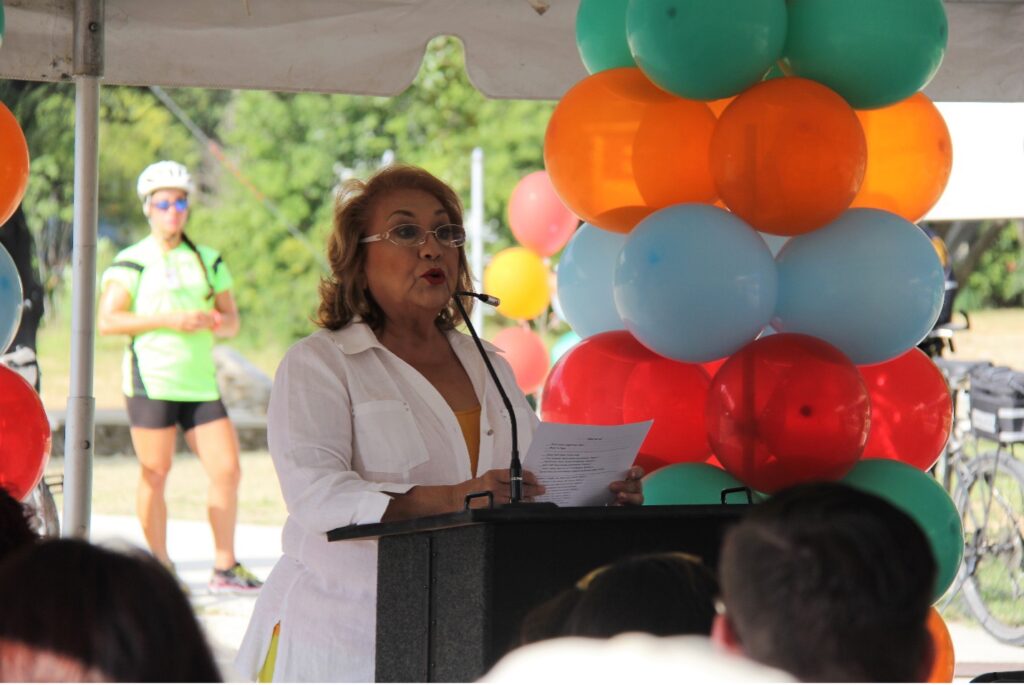 Board member Lourdes Galvan at the Alazán Creek Linear Trail Grand Opening in 2016