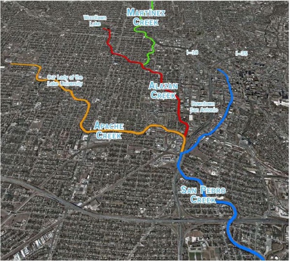 Overall map of the Westside Creeks Project showing colored dividers between each park region.