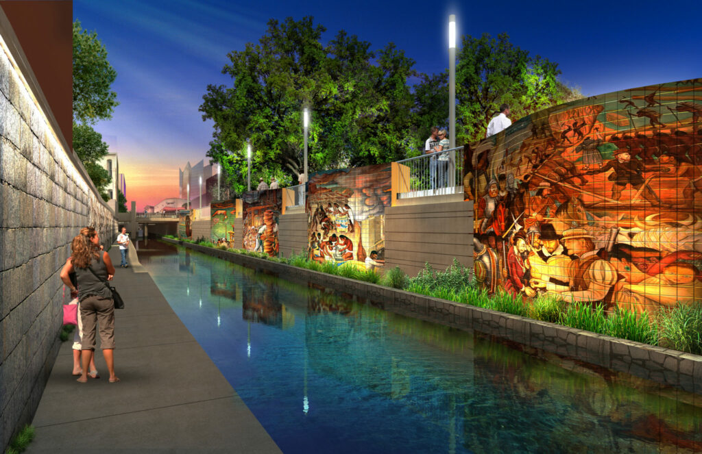 View of the five panel mural from the lower paseo rendering at San Pedro Creek Culture Park