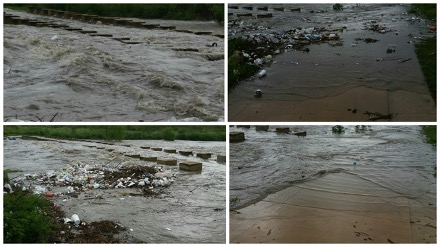 Collage image depicting different instances of the San Antonio River flooding at Mission Reach