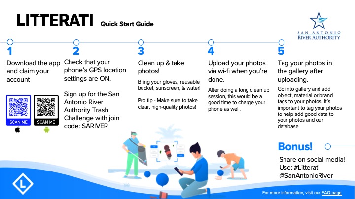 Litterati quick start guide. 1. Download the app and claim your account; 2. Check that your phone's GPS location settings are on; 3. Clean up & take photos!; 4. Upload your photos via wi-fi when you're done; 5. Tag your photos in the gallery after uploading