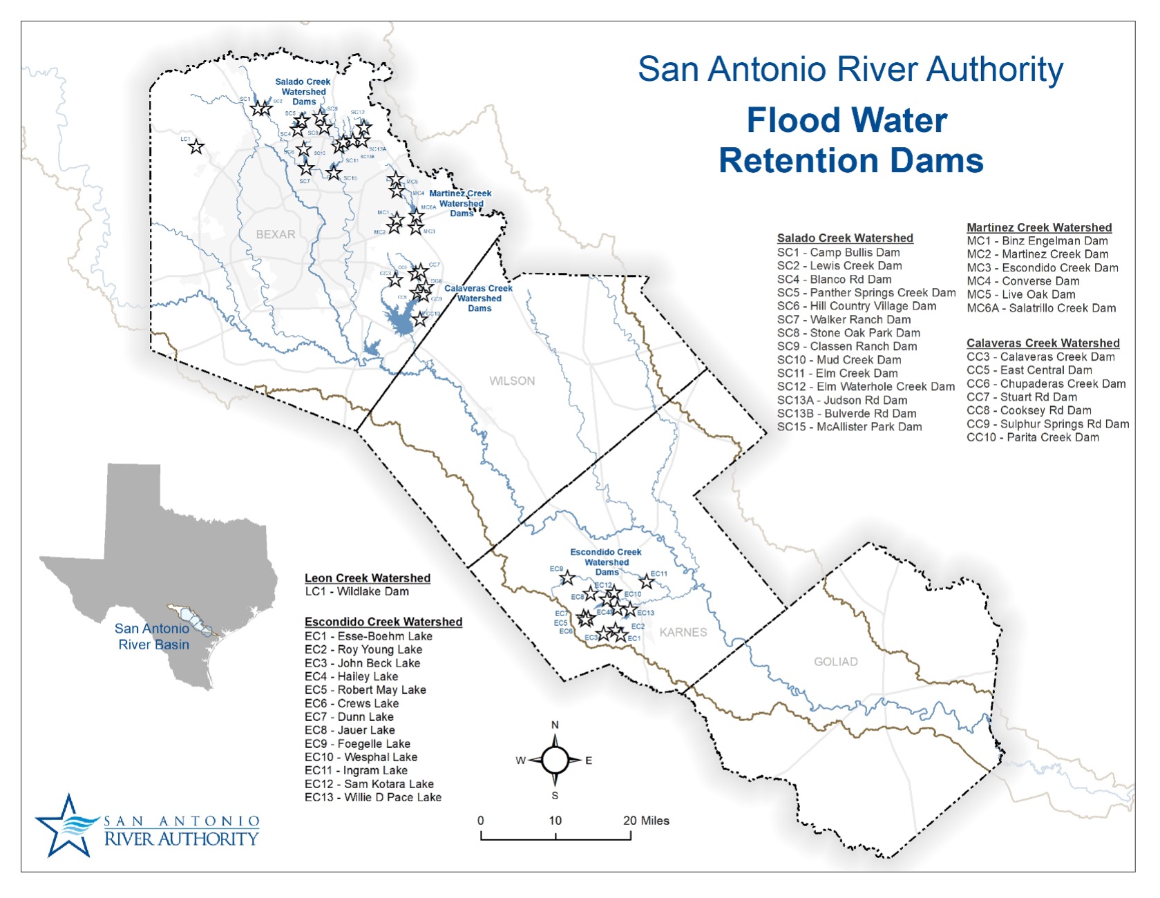 Map of San Antonio River Basin Flood Water Retention Dams