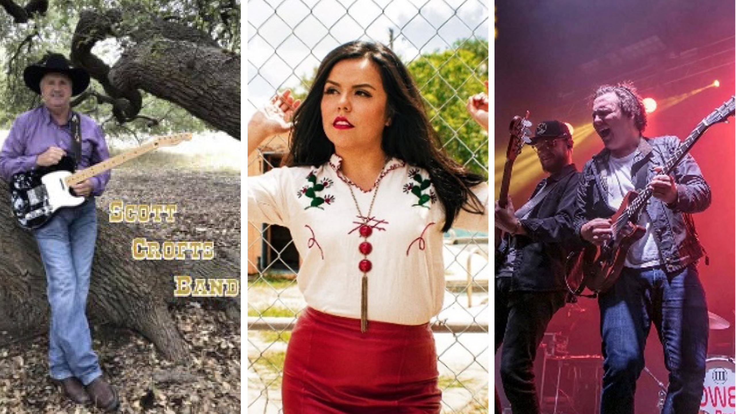 Three picture layout. From left to right: Scott Crofts Band with frontman holding electric guitar as he leans up against a tree; Middle: a young woman poses with her back to a chain link fence; Right: Two men sing back to back while holding electric guitars on stage. 