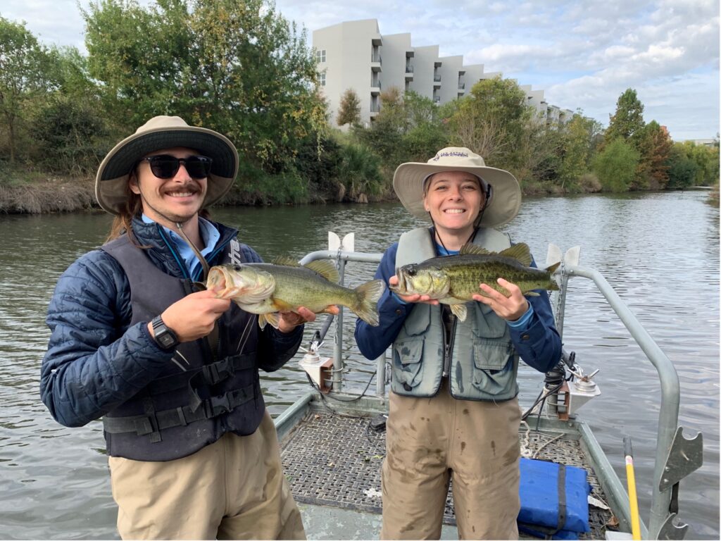 Aquatic biologists Austin Davis and Angelica Rapacz hold Largemouth bass.