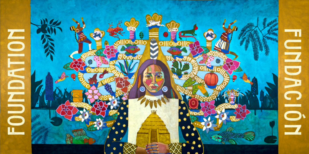 Panel 1 of the 5 Panel Mural at San Pedro Creek Culture Park. A woman is surrounded by various cultural symbols and features the word "Foundation" on it's sides.