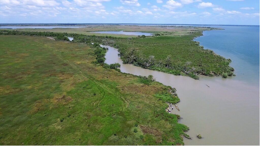 Overhead view of the San Antonio River leading into a larger body of water.