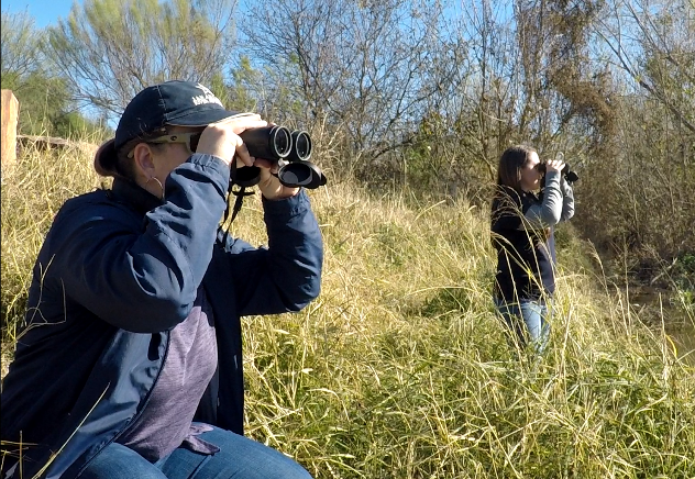 Two women with binoculars in a field bird watching.