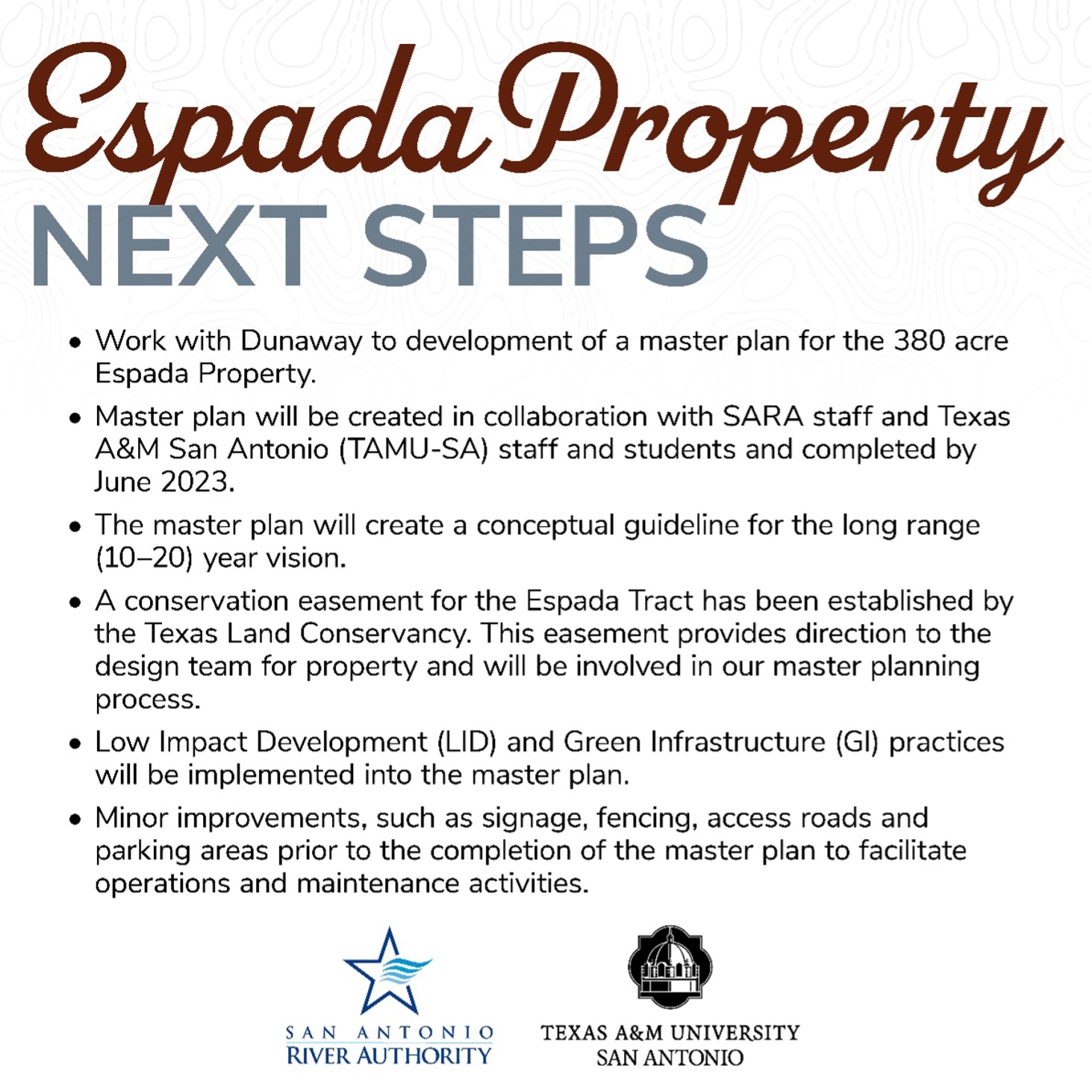 Sign that outlines next steps for the Espada Property