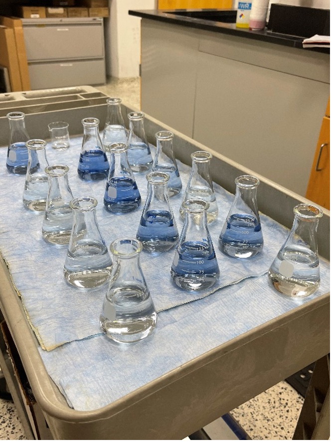 Stormwater samples sit in beakers