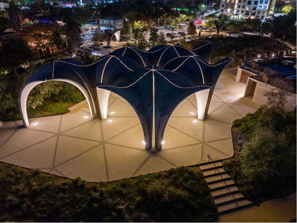 Overhead view of Confluence Park at night