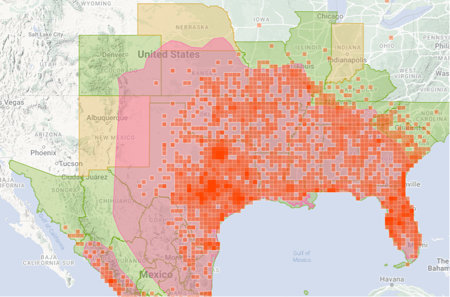 Regional map showing Armadillo locations in the south.