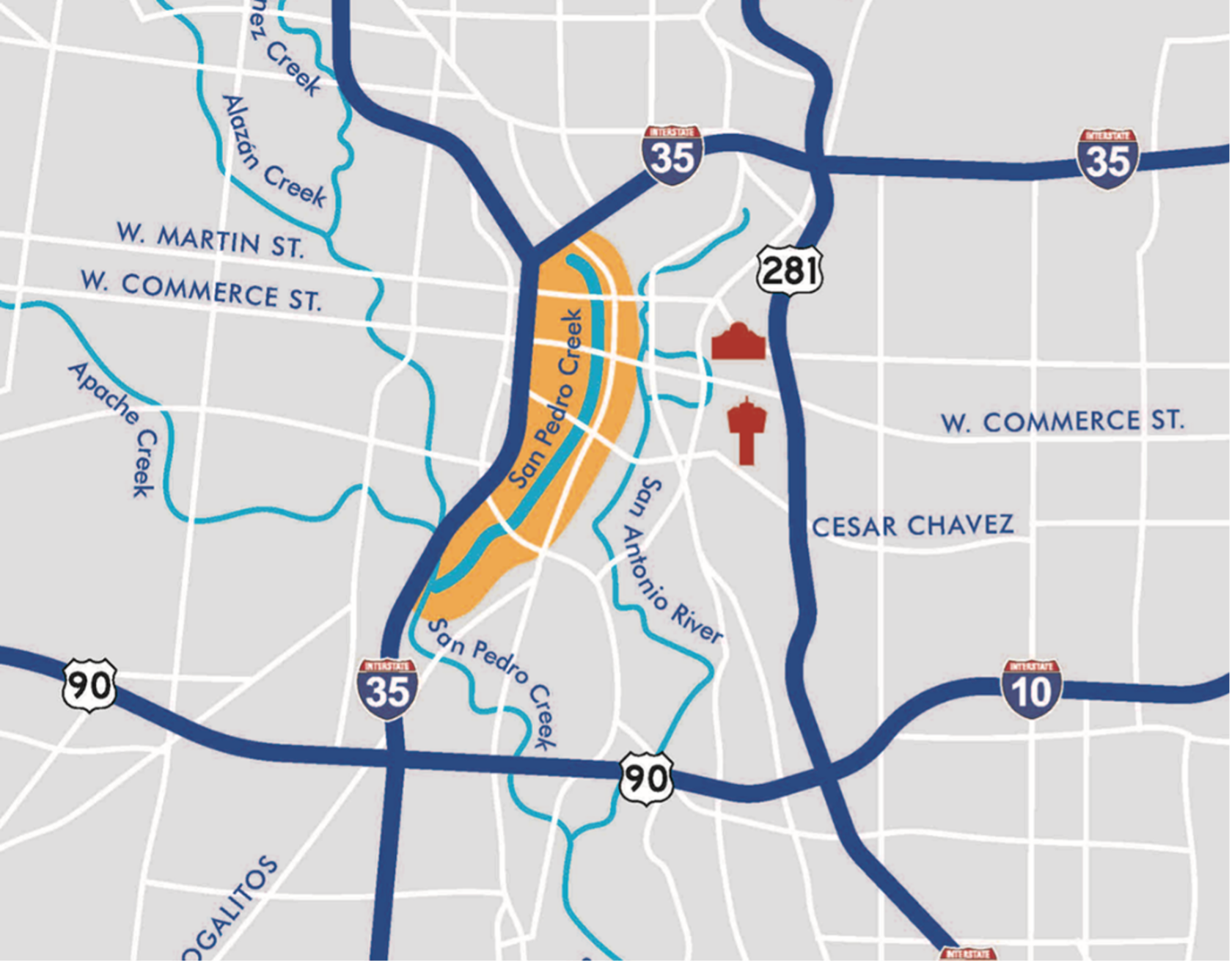 Illustrated map of San Antonio's major highways, streets and San Pedro Creek Highlighted. 