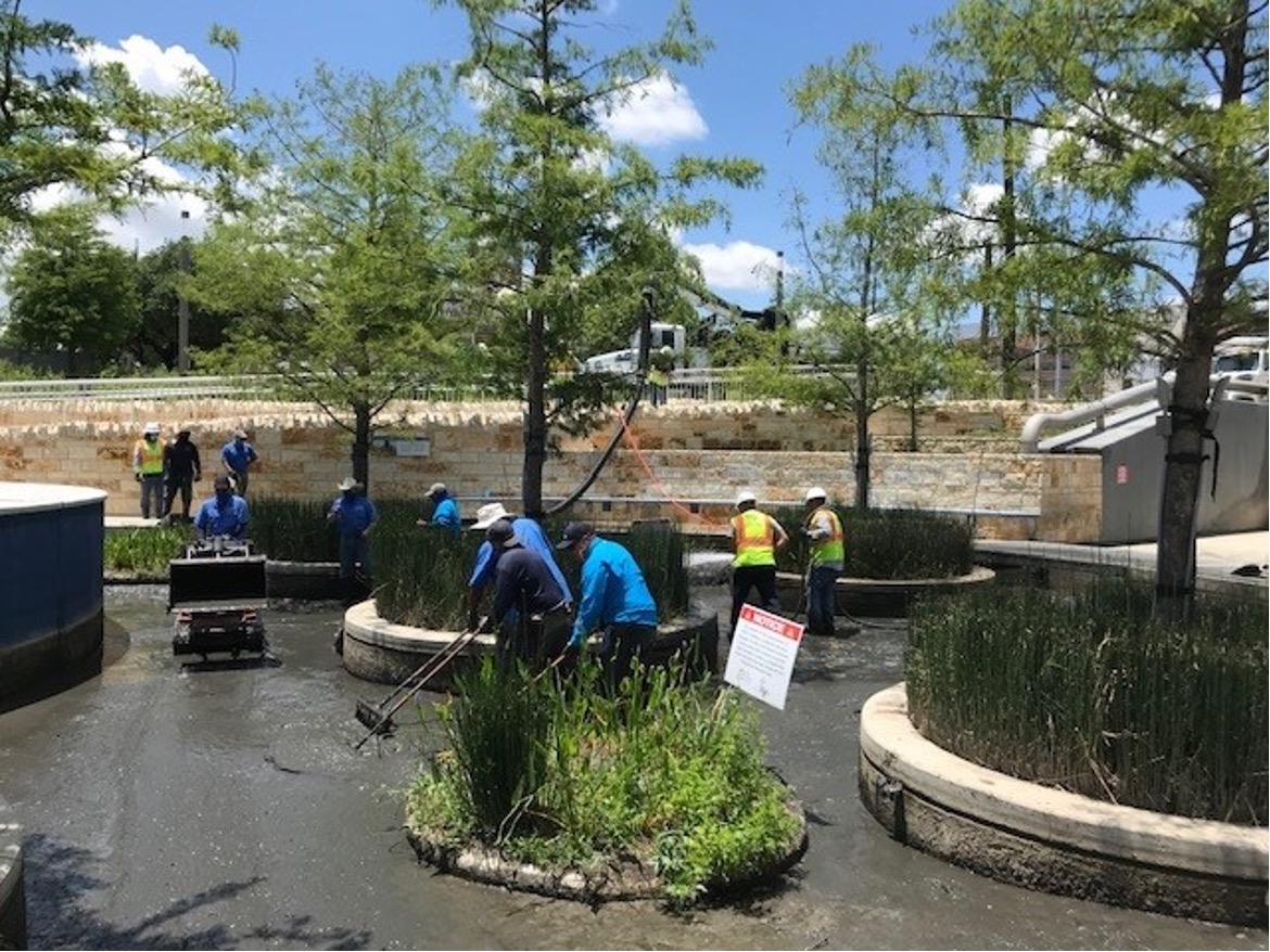 Watershed Parks and Operations Crew clean drained San Pedro Creek Culture Park