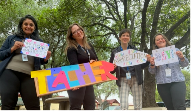 Four Teachers hold up various signs that read "Happy Teacher Appreciation Day!"