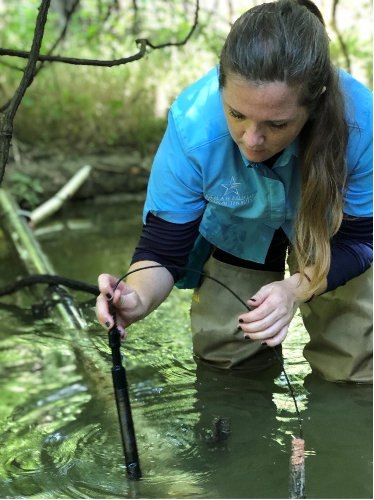 Environmental Scientist takes sampling from river 