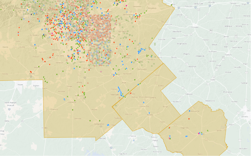 A map depicting the amount of observations recorded across the San Antonio River Basin.