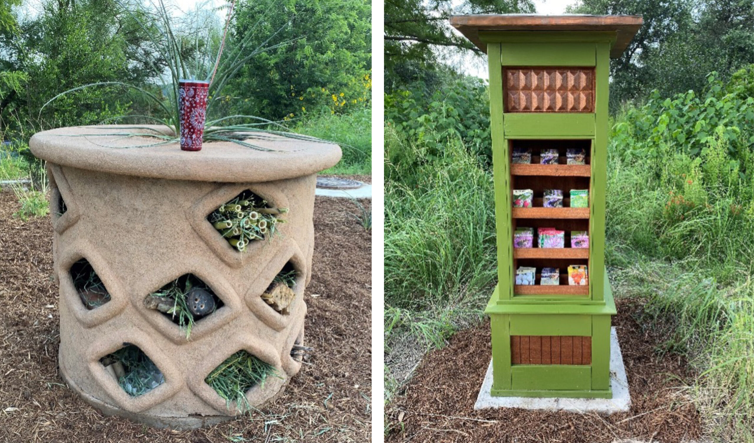 Two images side by side: left bug hotel clay sculpture; right seed packet library