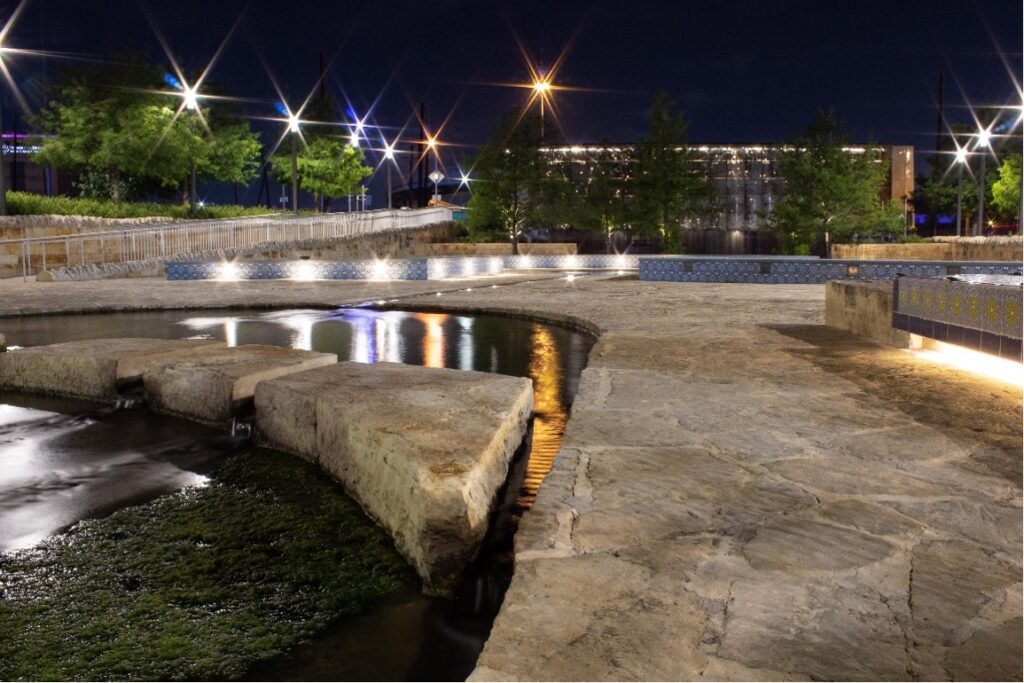 Nighttime view of San Pedro Creek Culture Park