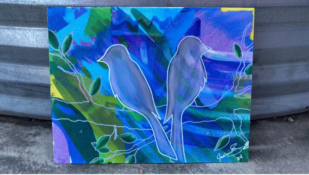 Colorful painting with two birds.