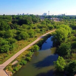 San Antonio city scape overlooking Mission Reach Park