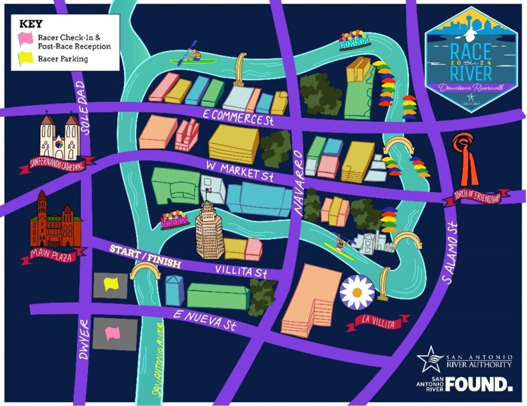 A colorized cartoon map of downtown San Antonio Riverwalk loop.