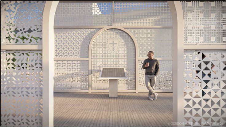 Architectural Rendering of new art structure featuring a man leaning against a wall.