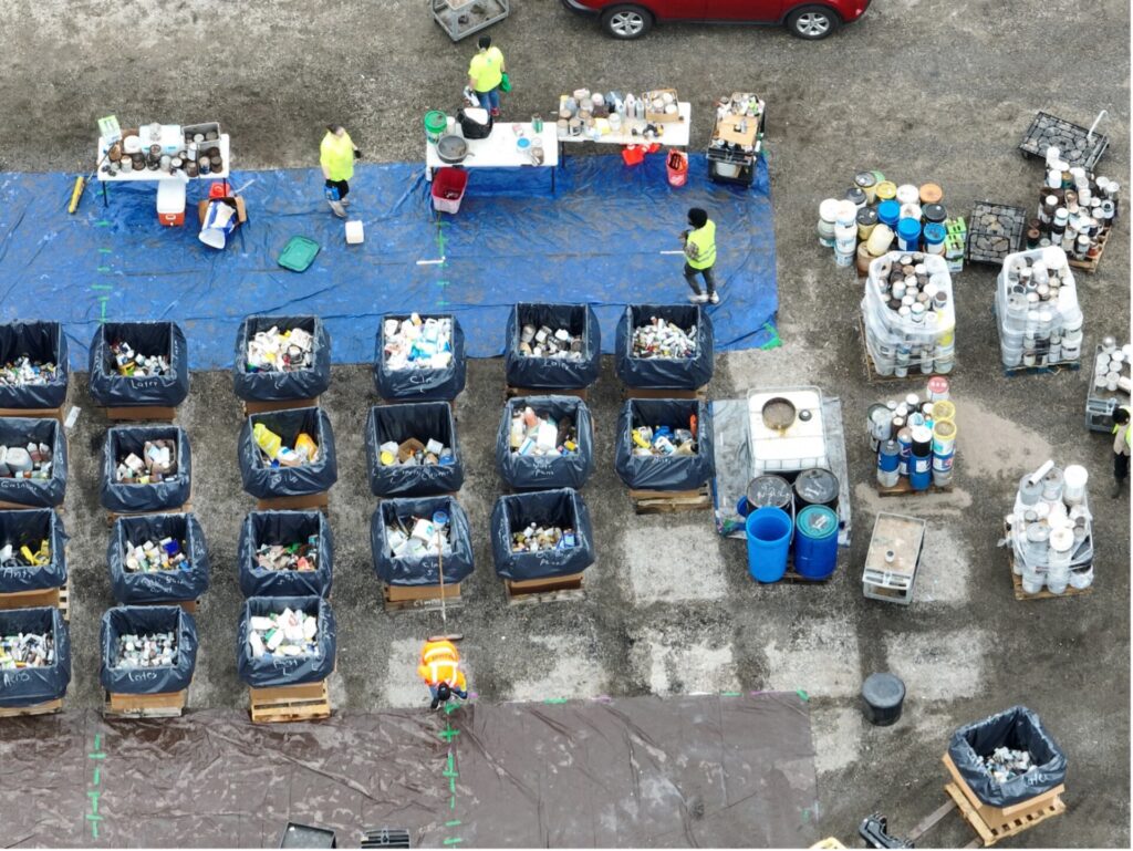 Overhead view of trash in bins