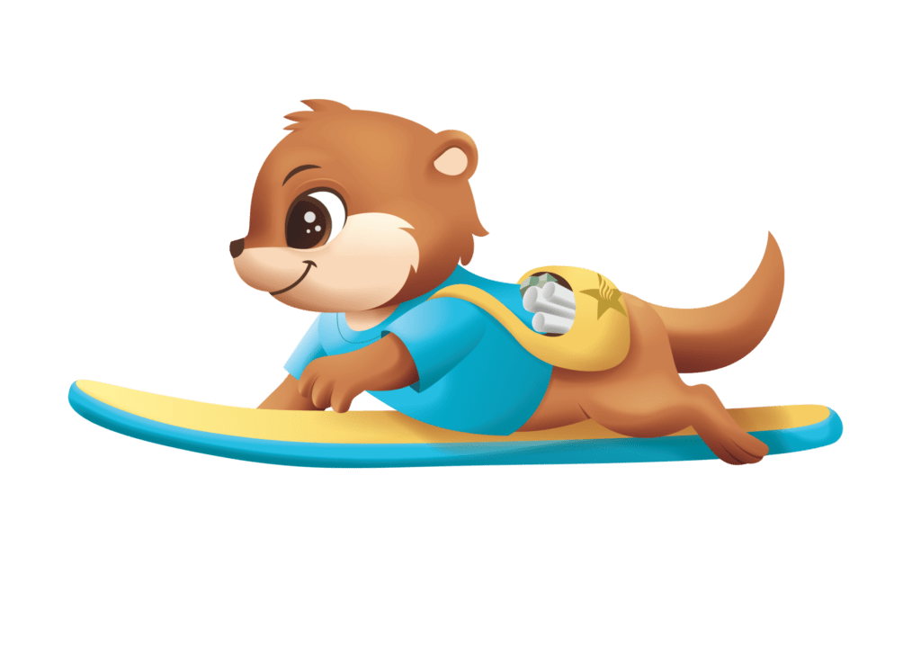 A cartoon otter uses his surfboard to swim across the page.