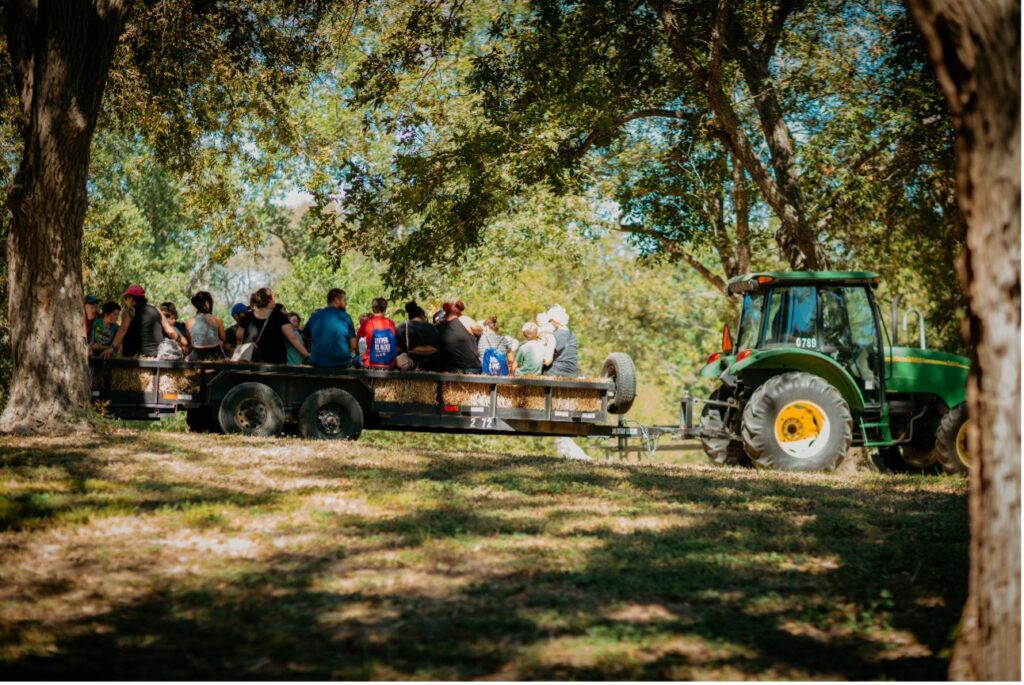 A tractor pulls a trailer during the Fall Fest Hay Ride.