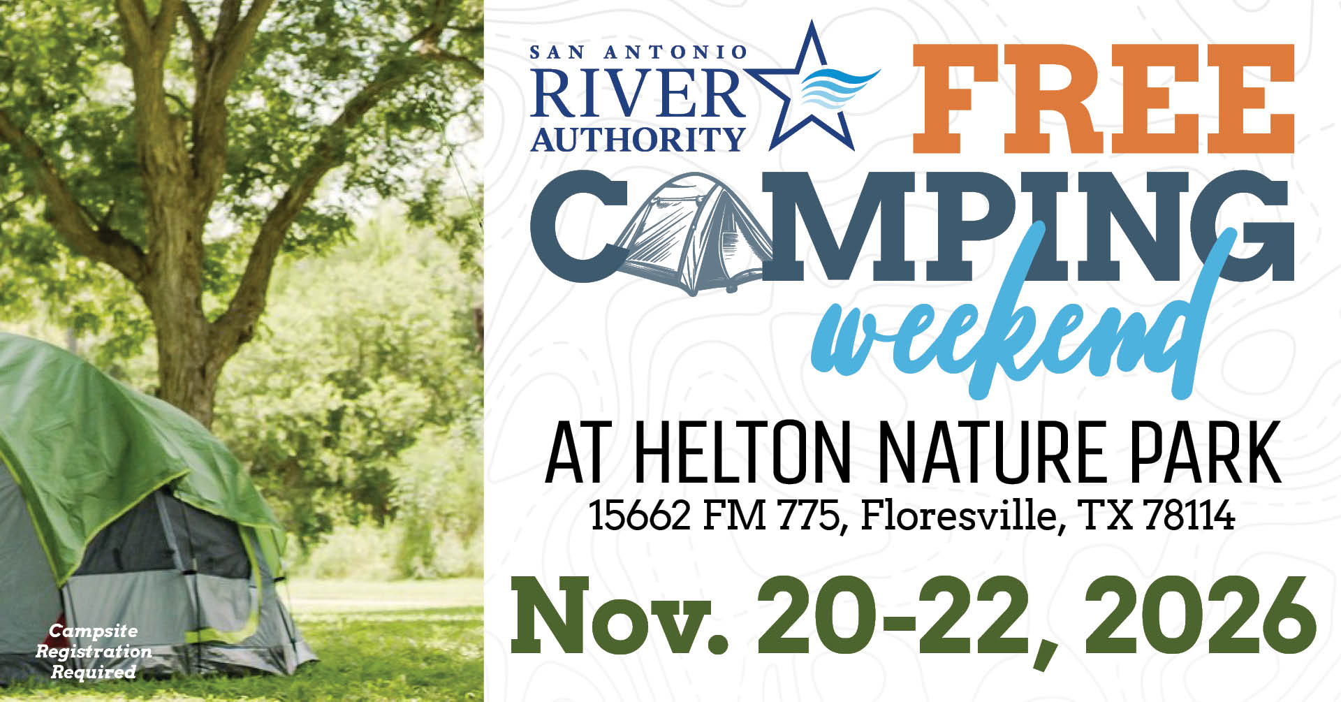 Free Camping Weekend November 20-22, 2026 promotional graphic